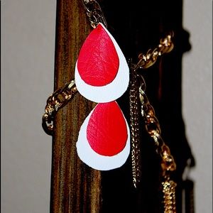 Women Teardrop 2-Layer Red&White Leather Earrings
